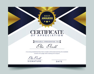 Dark and gold modern certificate of appreciation design. success, award, diploma and graduation template