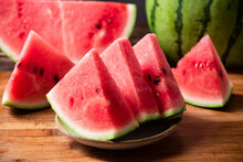 Fresh Sliced Watermelon Fruit On Wooden  Background