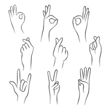 Hands Set Elements Pose. Make A Symbolic Gesture Ok, Mini Heart, Point. Vector Illustration.