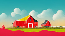Red Barns In The Field Under Bright Fun Blue Sky Illustration Farm Life Rural