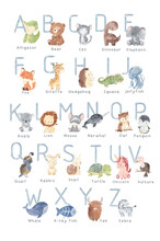 ABC Alphabet With Animals For Boys. Watercolor Illustration For Kids
