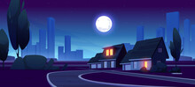 Night Suburb District With Houses, Road And City Buildings On Skyline In Dusk. Vector Cartoon Illustration Of Landscape Of Suburban Street With Cottages, Trees, Bushes And Full Moon