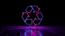 Pink And Blue Neon Light Recycle Icon. Vibrant Colored Eco Technology Symbol, On A Black Background With High Tech Floor. 3D Render