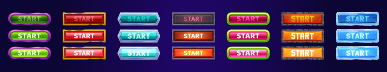 Start buttons with different textures for game menu interface. Vector cartoon set of active, normal and hover buttons with frame from rusty iron, ice, jelly with bubbles, metal and stone bricks