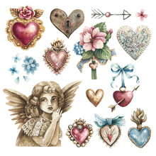 Watercolor Set Of Illustrations In Vintage Style With Flowers, Hearts And Cupid. Romantic Hand-drawn Illustrations Are Perfect For Greeting Cards, Vintage Posters, Wedding Invitation Scrapbooking