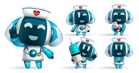 Wall Mural - Robotic ai nurse vector set design. Robots animal characters in friendly faces and gesture for medic assistant robot collection. Vector illustration.
