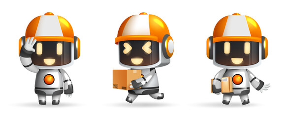 Wall Mural - Robotic character vector set design. Robot characters with helmet and boxes in standing and holding gestures for ai delivery robots collection. Vector illustration.
