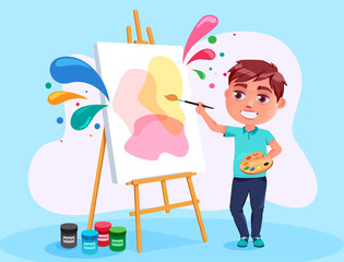 Wall Mural - Artistic kid vector character design. Boy artist in happy painting gesture with colorful abstract decoration for creative male person. Vector illustration.
