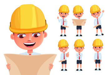 Wall Mural - Boy students vector character set. Boys engineers character with hard hat and blueprint layout isolated in white background for male kid character collection. Vector illustration.
