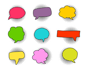 Sticker - Hand drawn retro speech bubbles collection. Colorful empty talking balloons with halftone shadows. Pop art style.