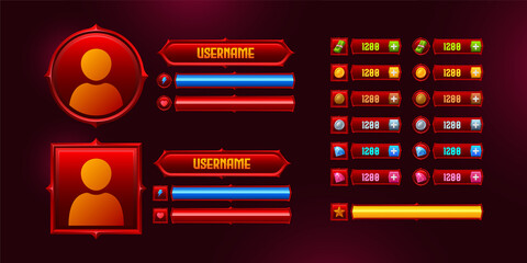 Game user profile elements with avatar, progress bars and icons in round and square red frames. Vector cartoon set of game interface design for display username, health, energy and assets