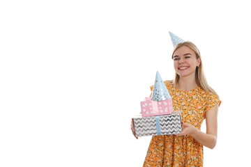 Wall Mural - Concept of Happy Birthday with attractive girl, isolated on white background