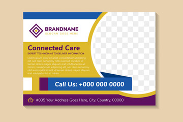 Wall Mural - gold flyer template design with example headline is connected care. circle for space of photo collage. Advertising banner with horizontal layout. white background with blue and purple element.