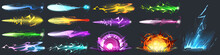 Vfx Gun Effect, Space Blasters Laser Or Plasmic Beams And Rays, Bomb Explosion. Raygun Futuristic Alien Weapon Boom. Game Or Comic Book Colorful Energy Phasers Lightnings, Cartoon Vector Illustration