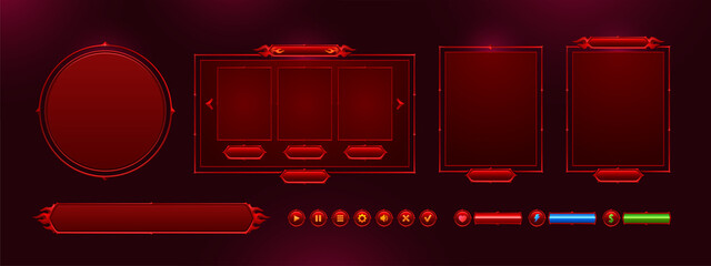 Game menu interface ui elements, buttons, progress bars, settings, login and password board. Gui user panel with sliders, keys, red glowing design with devil horns and hell fire flames Vector graphics