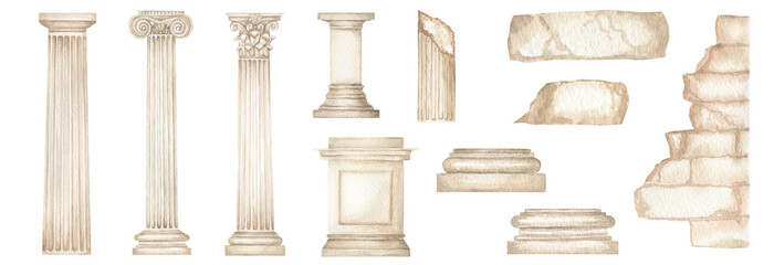 watercolor antique column corinthian ionic doric order, ancient classic greek pillar set, roman colu