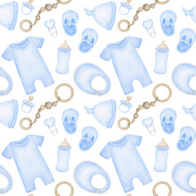 Newborn Baby Boy Blue Accessories And Clothes Elements Background. Nursery Boy Child Wallpaper Design Template. Boy Elements Seamless Pattern, Wrapping Paper, Fabric, Texture.