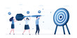 © naum - Shared goals, teamwork. Business people help holding dart aiming on bullseye target. Successful team develop achievement project. Cooperation, colleagues with same mission and challenge.