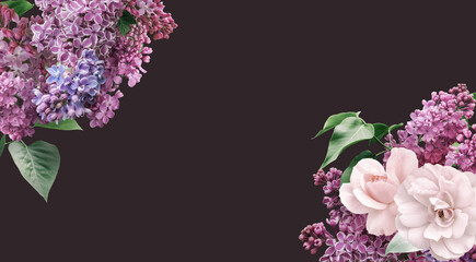 Wall Mural - Floral banner, header with copy space. Lilac and roses isolated on dark  background. Natural flowers wallpaper or greeting card.