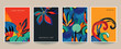 © natality - Set of four vector pre-made cards or posters in modern abstract style with nature motifs, flowers, leaves and hand drawn texture.