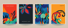 Set Of Four Vector Pre-made Cards Or Posters In Modern Abstract Style With Nature Motifs, Flowers, Leaves And Hand Drawn Texture.