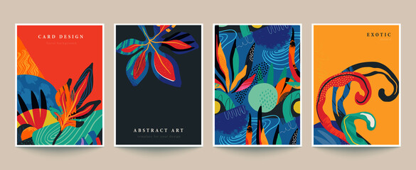 Wall Mural - Set of four vector pre-made cards or posters in modern abstract style with nature motifs, flowers, leaves and hand drawn texture.
