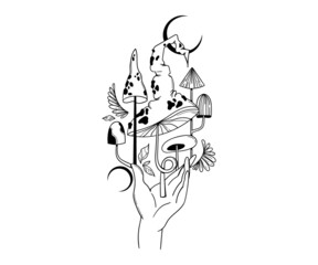 Wall Mural - mystical space whale and magic mushrooms isolated clip art, hand drawn mysterious composition with f