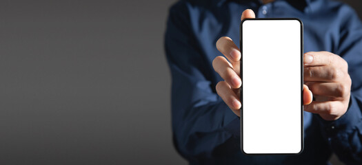 Wall Mural - male hand holding a smartphone with blank screen.