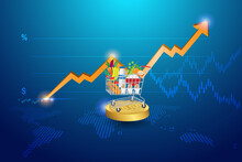 Foods Inflation, CPI Consumer Price Index, Economic Indicator Scale Concept. Shopping Cart Trolley On Gold Coins With Rising Graph Cost Of Living Indicator.