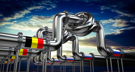 Wall Mural - Oil or gas pipeline, flags of Belgium and Russia - 3D illustration