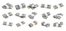 Big Set Of Bundles Of US Dollar Bills Isolated On White. Collage With Many Packs Of American Money With High Resolution On Perfect White Background