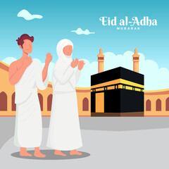 Wall Mural - Happy Eid al-Adha mubarak with muslim people character and makkah concept. Hajj or umrah illustration design for banner, flyer dan poster