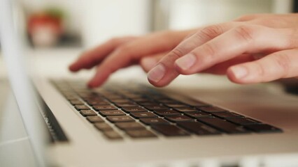 Female hands texting on laptop keyboard close up. Software, online education, apps, modern tech concept.