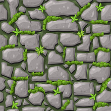 Gray Stones Covered With Moss Seamless Pattern. Endless Background Of Brick Wall, Rocks Or Cobblestones With Grass. Mossy Masonry Wall Or Floor In Cave, Dungeon. Cartoon Illustration For Game Design