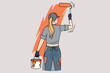Woman painting wall with roller. Female worker or employee renovate room by herself. Renovation and interior design concept. Vector illustration. 