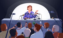 Speaker At Table At Press Conference. Official Meeting, Interview, Communication With Journalists, Mass Media. Person Giving Comments, Speaking To Reporters With Microphones. Flat Vector Illustration