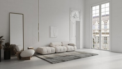 Wall Mural - White room in classical style mockup 3d render with large decorated door, classic window, chair, sofa, carpet, mirror and concrete floor