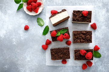 Wall Mural - Chocolate cube cake, sliced brownie cheesecake with fresh raspberry