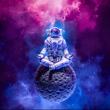 Fototapeta Miasto - Astronaut meditating on moon - 3D illustration of science fiction space suited figure in yoga lotus pose on small asteroid in outer space