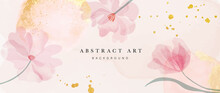 Spring Floral In Watercolor Vector Background. Luxury Wallpaper Design With Pink Flowers, Line Art, Golden Texture. Elegant Gold Blossom Flowers Illustration Suitable For Fabric, Prints, Cover.