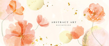 Spring Floral In Watercolor Vector Background. Luxury Wallpaper Design With Orange Flowers, Line Art, Golden Texture. Elegant Gold Blossom Flowers Illustration Suitable For Fabric, Prints, Cover.