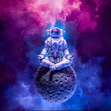 Astronaut Meditating On Moon - 3D Illustration Of Science Fiction Space Suited Figure In Yoga Lotus Pose On Small Asteroid In Outer Space