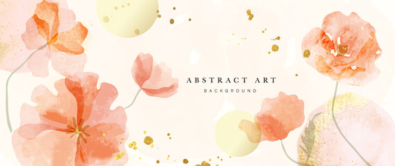 Wall Mural - spring floral in watercolor vector background. luxury wallpaper design with orange flowers, line art