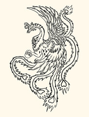 Beautiful line art of Phoenix for tattoo design on background.Phoenix vector for printing on shirt.Phoenix vector illustration for doodle art and coloring book on white isolated background.