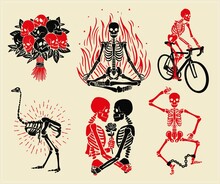 Skeletons` Logos Collection For T-shirt And Denim. Skeletons` Dance In The Stocks, Skeletons Of The Lovers, The Yoga, The Bicyclist, Skeleton Of An Ostrich, And The Bouquet With Skulls. Vector.