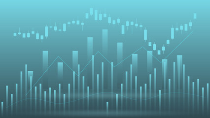 economy situation concept. Financial business statistics with bar graph and candlestick chart show stock market price and currency exchange on green background