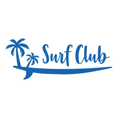 Canvas Print - Texto manuscrito Surf Club sobre silueta de tabla de surf con palmeras para su uso en banner y logotipos en color azul