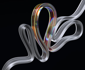 Wall Mural - 3d wavy line abstract composition, isolated on black glass stripe design element, futuristic curved color gradient ribbon