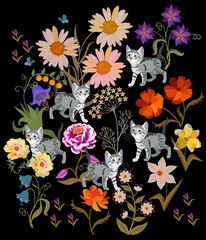 Wall Mural - Little kittens play among the flowers. Multicolor natural pattern on a black background. Sweet print for fabric, paper, wallpaper.