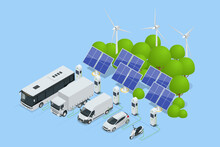 Isometric Car Charger. Electromobile Charging Station. Car, Bus, Truck, Van, Motorcycle, On Renewable Solar Wind Energy In Network Grid.